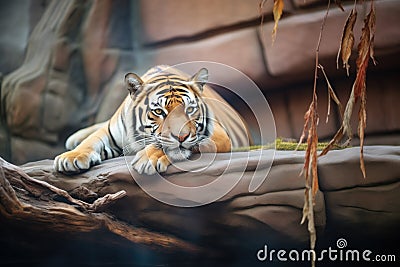 tiger lying on a rock overhang Stock Photo