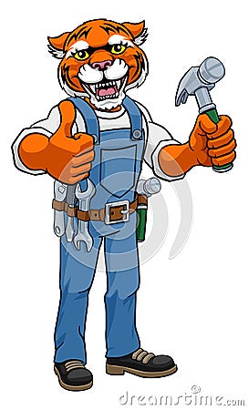 Tiger Mascot Carpenter Handyman Holding Hammer Vector Illustration