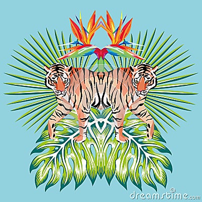 Tiger mirror print tropical leaves blue background Vector Illustration
