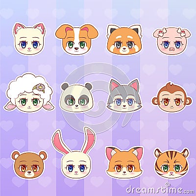 Tiger, monkey, bear, panda, red, sheep, dog, puppy, cat, kitten, lamb, pig, wolf, fox, rabbit sticker set, colorful Sweet Little c Stock Photo
