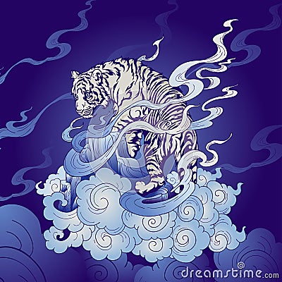 Tiger oriental Japanese or Chinese illustration doodle in tattoo style with blue Porcelain tone Cartoon Illustration