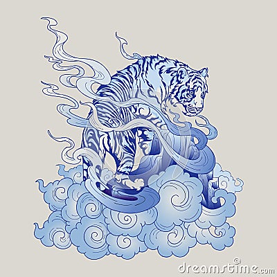 Tiger oriental Japanese or Chinese illustration doodle in tattoo style with blue Porcelain tone Cartoon Illustration