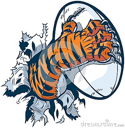 Tiger Paw Gripping Rugby Ball Ripping Out of Background Vector Illustration