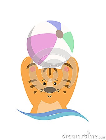 The tiger plays a ball in the water. Vector image. Vector Illustration