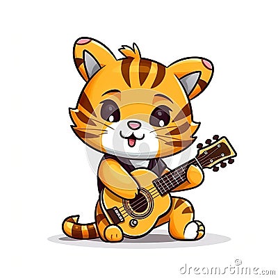 Tiger plays guitar, cartoon chibi style, AI generative Cartoon Illustration