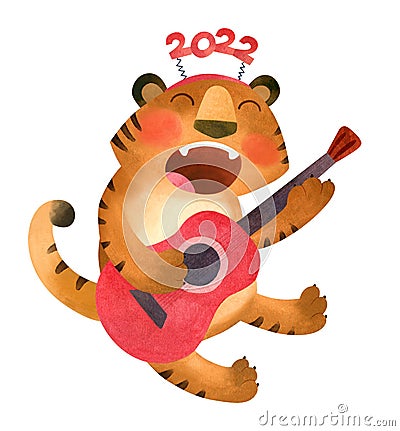 Tiger plays the guitar and sings. The symbol of the new year 2022. Stock Photo