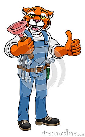 Tiger Plumber Cartoon Mascot Holding Plunger Vector Illustration