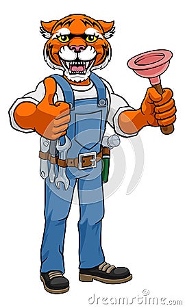 Tiger Plumber Cartoon Mascot Holding Plunger Vector Illustration