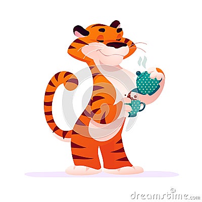 Portrait of funny tiger character with coffee pot and cup in his paws isolated on white background. Vector Illustration