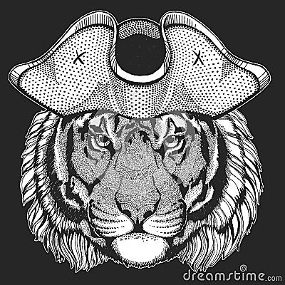 Tiger portrait. Pirate cocked hat. Sailor. Wild cat head. Vector Illustration