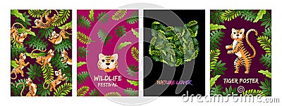 Tiger posters. Flower nature banners, tigers african wild and palm leaves. Jungle thailand, safari cards. Asian new year Vector Illustration