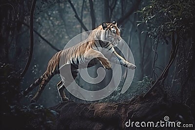 A tiger predator jumps out of the green jungle, close-up. Carnivore animal hunter of the wild. AI generated. Stock Photo