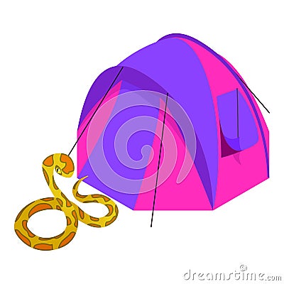 Tiger python icon isometric vector. Python snake near colorful camping tent icon Vector Illustration