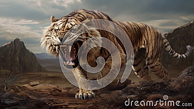 Intense Action: Saber-toothed Tiger With Scorpion Tail Stock Photo