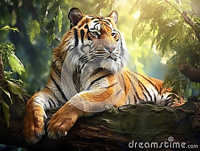 Tiger resting on the birch branch Cartoon Illustration