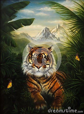 Tiger resting in the jungle, beautiful detailed oil painting on Stock Photo