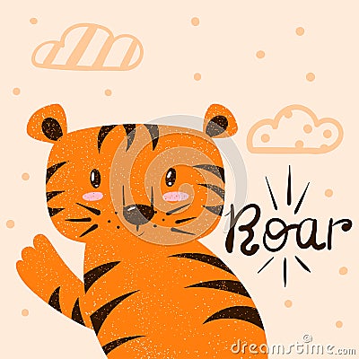Tiger, roar illustration. Cartoon hand draw monster character for print t-shirt. Vector Illustration