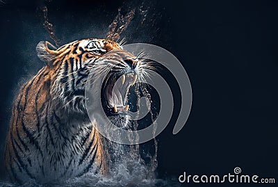 Tiger roar and water splashing. Energy and power AI generative illustration Cartoon Illustration