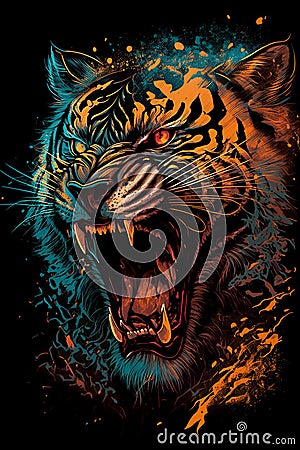 Tiger roaring poster, tshirt design. Isolated on black background. Ai generative Cartoon Illustration