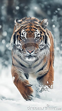 Tiger running through deep snow in a harsh winter landscape. Tiger in wild winter nature Stock Photo