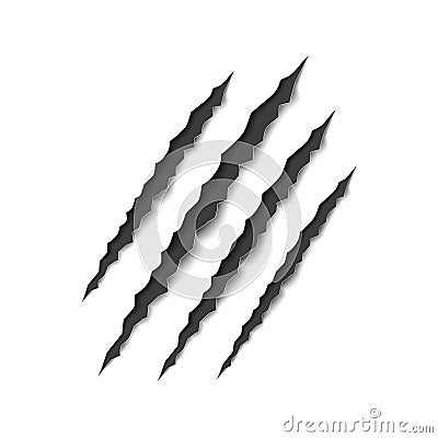 Tiger scratch claw. Slash from claw of bear, lion and cat. Mark of tiger. Scratch of paw of werewolf, animal. Paper with texture Vector Illustration