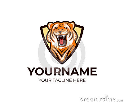 Tiger in shield logo template. Striped beast and predator vector design Vector Illustration