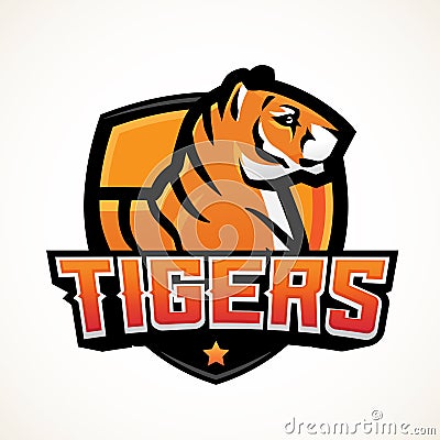 Tiger shield sport mascot template. Premade football or basketball patch design. College league insignia, High school Vector Illustration