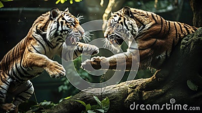 Tiger Showdown in the Jungle, A Dramatic Wildlife Encounter AI generated Stock Photo