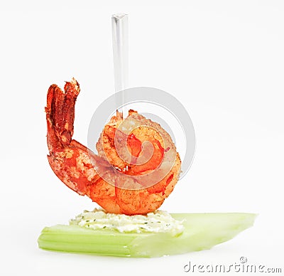 Tiger shrimp canape with celery Stock Photo