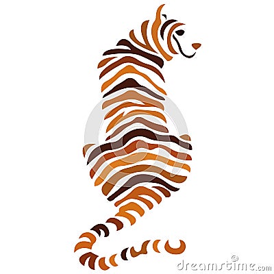 Tiger silhouette, painted in orange, brown, colored in zigzag striped lines. Animal tiger logo Cartoon Illustration