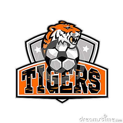Tiger Soccer Football Ball Crest Mascot Cartoon Illustration