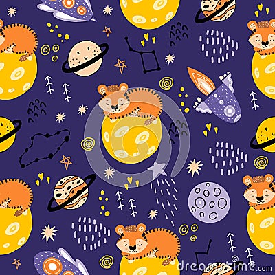 A tiger in space sleeps on the moon. Seamless pattern with planets, tigers,constellations Vector Illustration