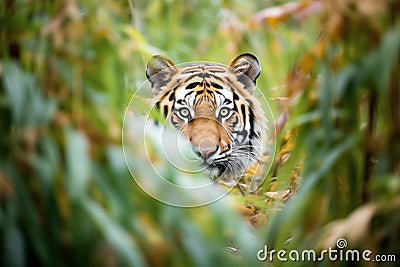 tiger stalking through dense underbrush Stock Photo