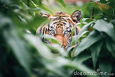 tiger stalking prey in dense foliage Stock Photo