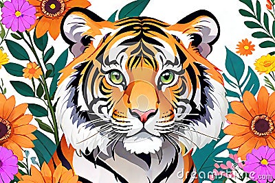 Tiger striped carnivore animal flowers Cartoon Illustration