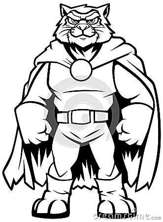 Tiger Superhero Mascot Line Art Vector Illustration