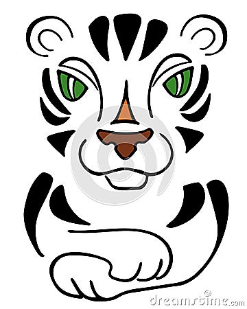 Tiger symbol of 2022 new year, cute sketch vector drawing, stripes and green eyes create silhouette. Lying tiger sign Vector Illustration