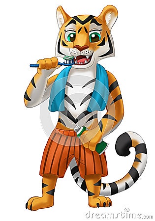Tiger with a towel brushing his teeth Stock Photo