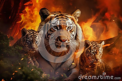 A tiger and two cubs stand in front of a raging fire as they flee the forest blaze Stock Photo