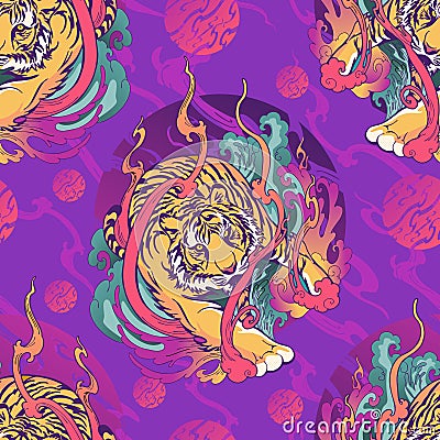 Tiger walk in fire and smoke wind design tattoo seamless pattern Stock Photo