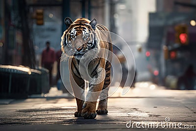 Tiger is walking down a city street. Generative AI Stock Photo