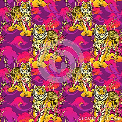 Tiger walking on fire and cloud illustration Japanese or Chinese oriental with purple pink tone seamless pattern background Cartoon Illustration