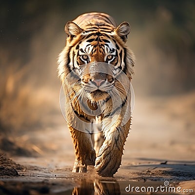 Tiger walking on the gravel Wildlife Cartoon Illustration