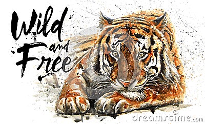 Tiger watercolor painting, animals predator, design of t-shirt, wild and free, print, hunter, king of jungle Stock Photo