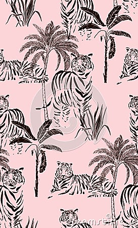 Tiger wild cat safari jungle pattern. Seamless design with palm trees, wild animals, nature plnats balack illustration. Hand-drawn Vector Illustration