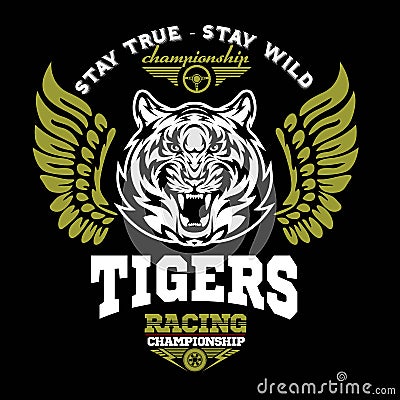 Tiger and Wings - logo graphic design. logo, Sticker, label, arm, motor sport. Vector Illustration