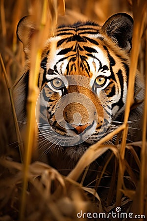 a tiger in the woods looks into the camera lens, while peering out of tall Stock Photo