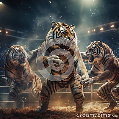 tiger wrestlers in wrestling ring generative AI Stock Photo