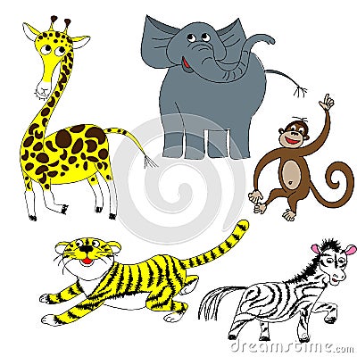 Tiger,zoo animals set, giraffe, chimpanzee, elephant, zebra vector art, child`s drawings, doodle style, cute animals set, crayon, Vector Illustration