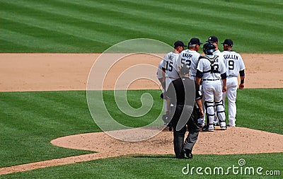 Tigers game July 11 2010, mound conference Editorial Stock Photo